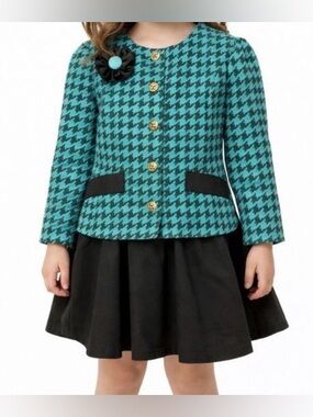 Vintage 90s Nannette Girls' Teal and Black Houndstooth Jacket and Skirt Set